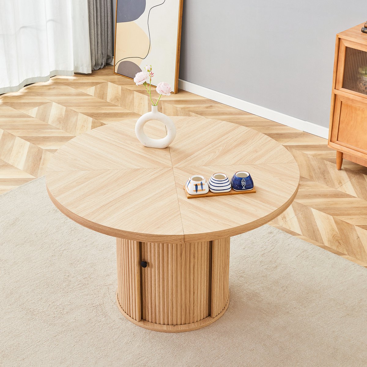 MIVRAY Eettafel - Ronde Eettafel Met Opbergruimte En Zuilvoet - Voor 4 Tot 6 Personen In Eetkamer - Houtlook MDF - 115 x 74 cm