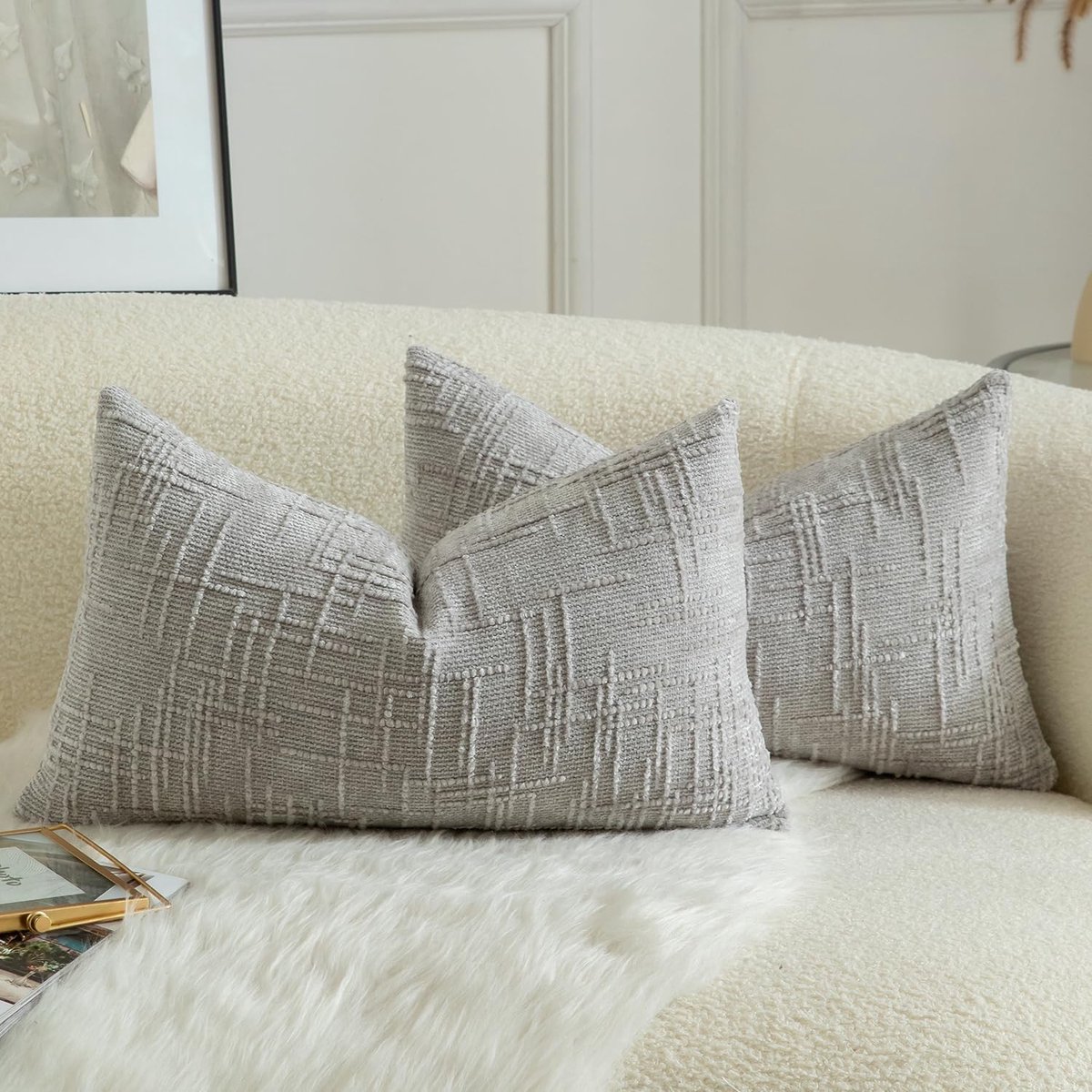 Sierkussenhoezen Set - Zachte Kussenslopen - Woonkamer Decoratie - Chenille Textuur - 30x50 cm - Lichtgrijs