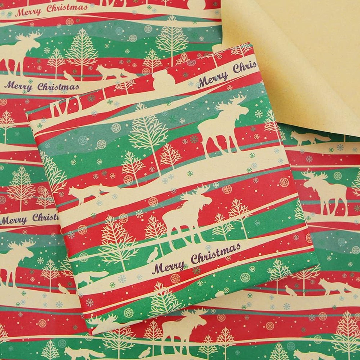 Kerstcadeaupapier 50 x 70 cm - kraftpapier - sneeuwpoppen en herten - perfect voor feestelijke cadeaus - ShopVlot