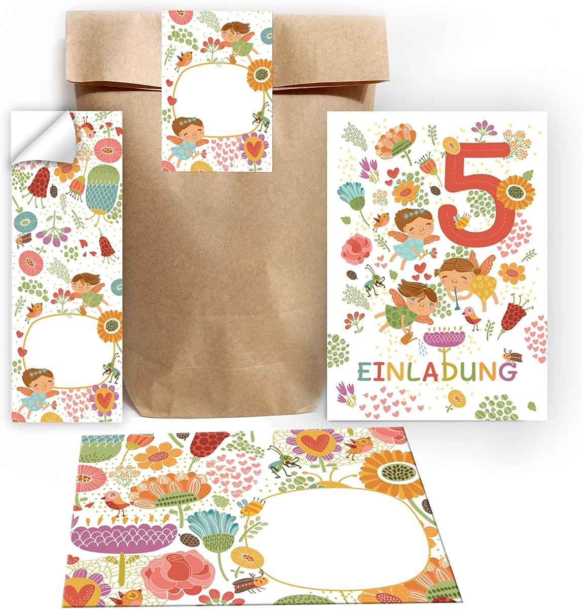 Uitnodigingskaarten 5e verjaardag - Feestelijken met feeën - Inclusief enveloppen en stickers - ShopVlot