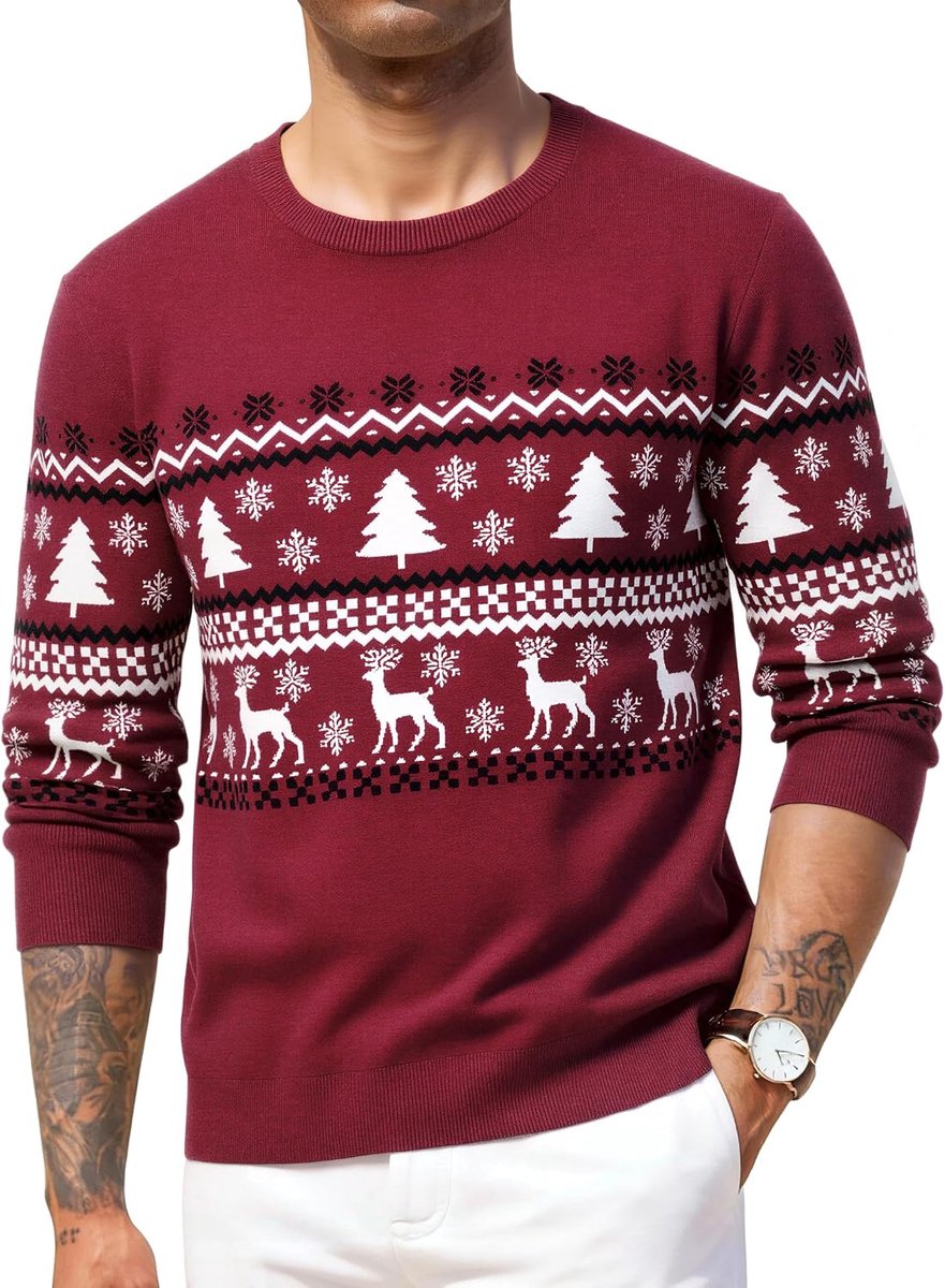 Kersttrui voor mannen - crew neck - reindeer sneeuwvlokken - grappige kersttrui voor feestdagen - ShopVlot