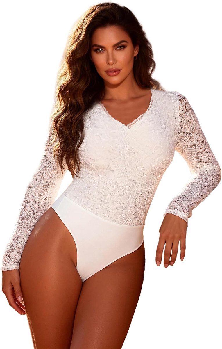 Bodysuit dames groot formaat - lange mouwen - kant V-hals - sexy en elegant - ShopVlot