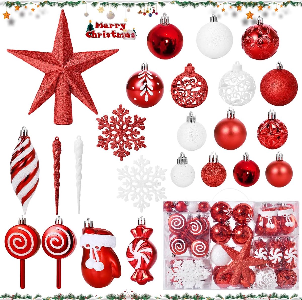 Kerstballen set 130 stuks - Rode kunststof kerstboom versiering - Glitterballen en hangers - ShopVlot