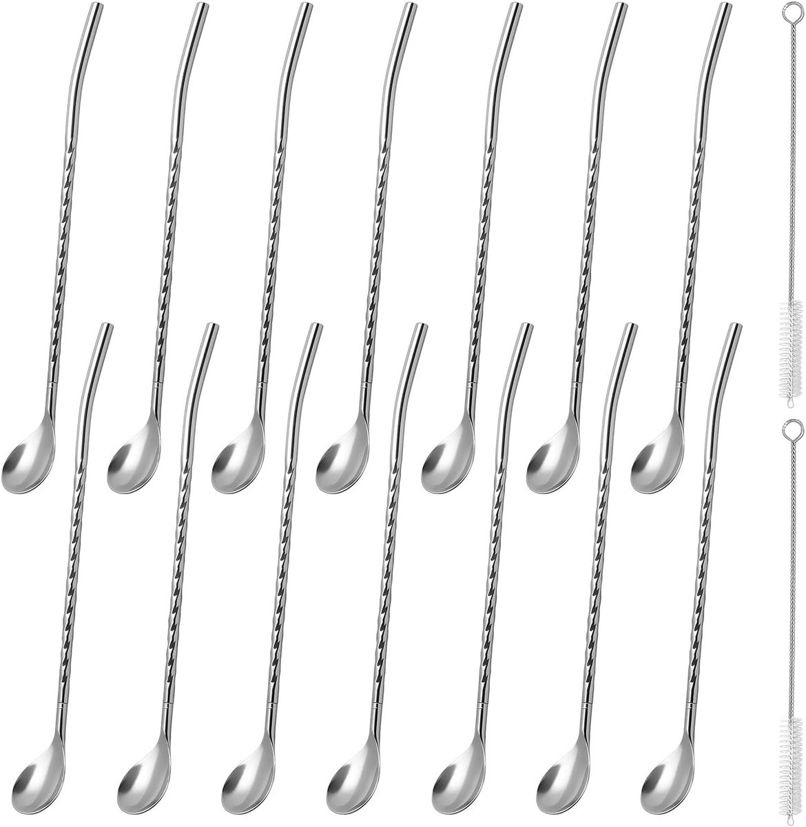 Stainless Steel Rietjes en Lepels Set van 14 Stuks, Ideaal voor IJs Koffie, Shakes en Cocktails met Schoonmaakborstel