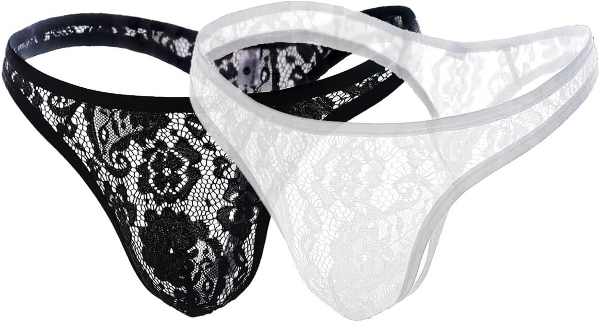Thong briefs heren - sexy kanten set van 2 - zwart en wit - comfortabel en ademend - ShopVlot