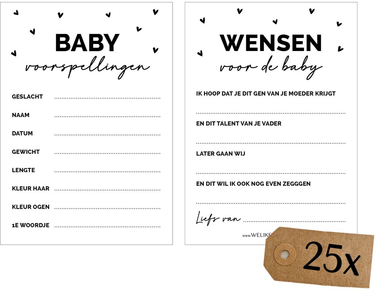 WeLikeToLove - Babyshower invulkaarten - Spelletjes - Baby voorspellingen - Voorspellingskaarten - Meisje - Jongen - Invulkaartjes - 25 stuks - A6 formaat