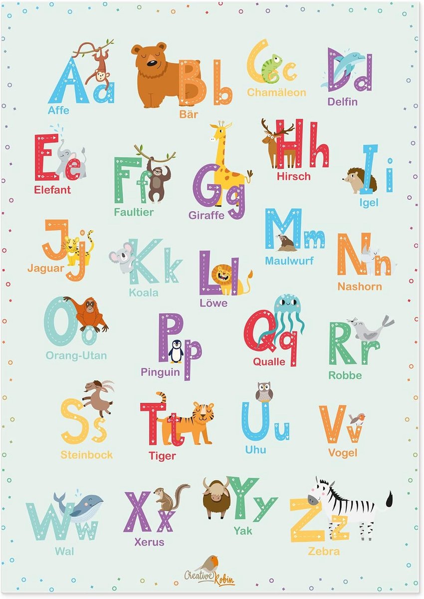 ABC poster voor kinderkamer - dierenontwerpen - handgeschilderd - speels leren - ShopVlot