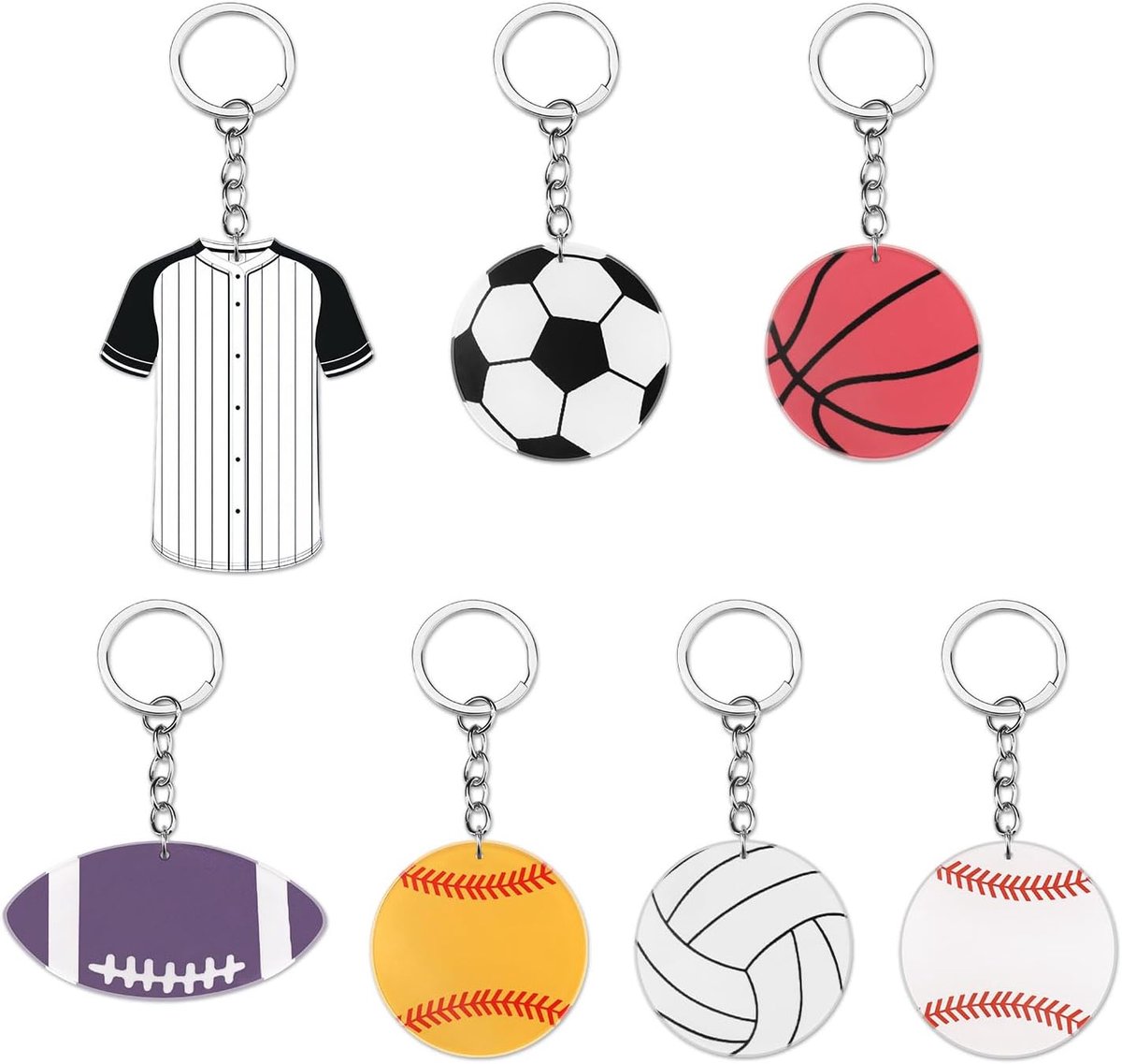 14 Pcs 7 Style Sports Keychains with Metal Ring, PVC Jersey, Basketball, Baseball, Rugby, Volleyball Football - ShopVlot