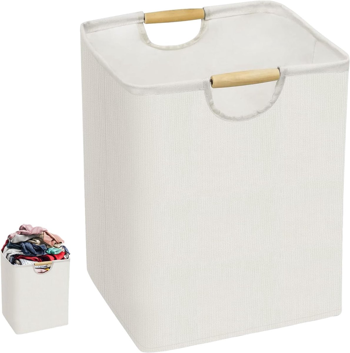 Wasmand, 40 x 30 x 30 cm, opvouwbare wasmand, wasmand met houten handvat, voor slaapkamer, badkamer, wasruimte - ShopVlot