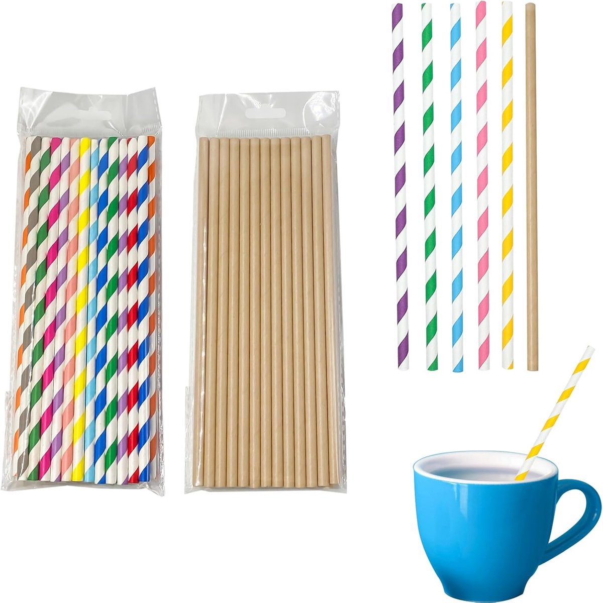 Pack of 50 Paper Drinking Straws, Biodegradable Paper Straws for Drinking Cocktails, Coffee, Cold Drinks, Colourful - ShopVlot