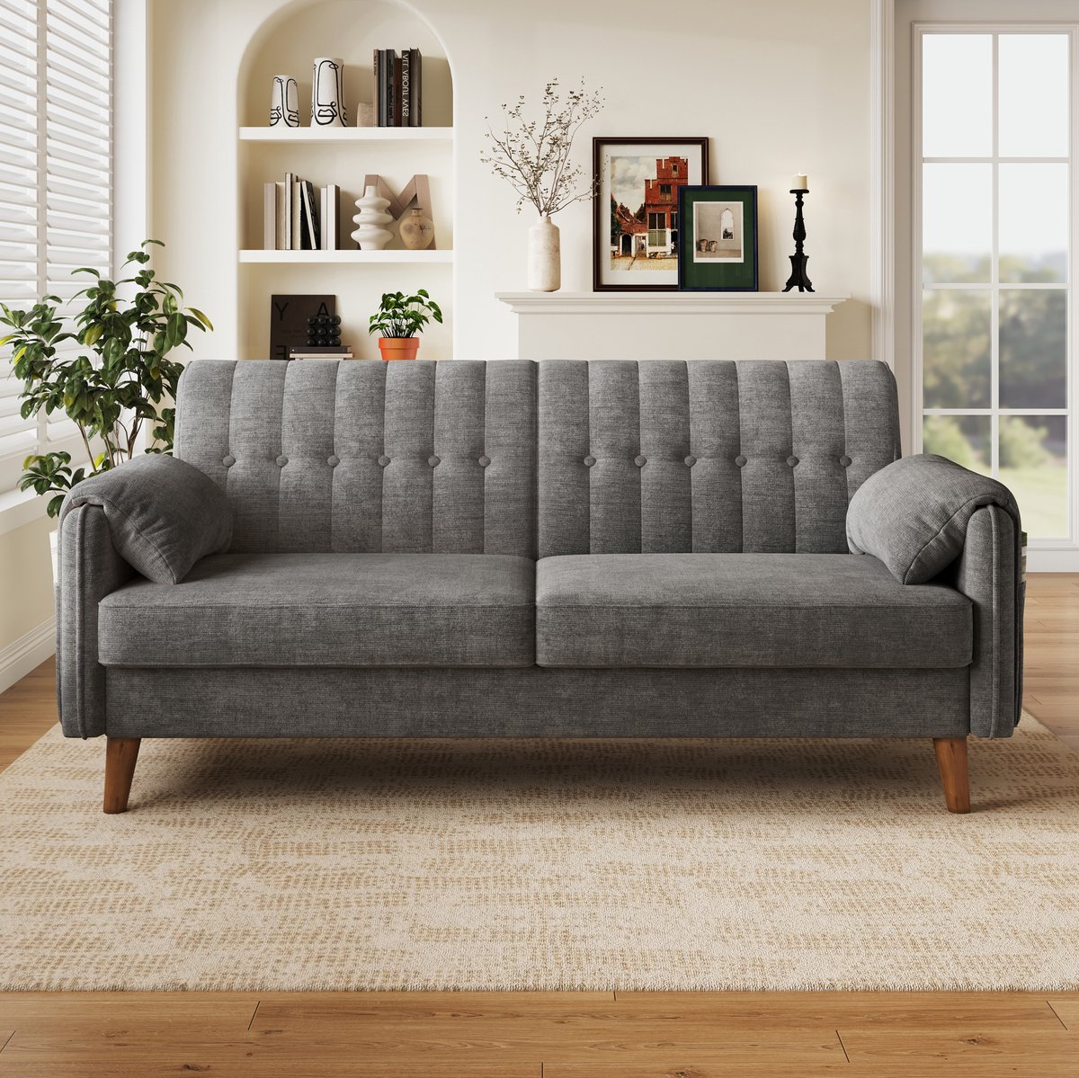 OKWISH 2-Zits Bank - Modern Design Met Knopen, Dikke Zitkussens En Zijvakken - Voor Woonkamer, Slaapkamer En Kantoor - Chenille - Lichtgrijs