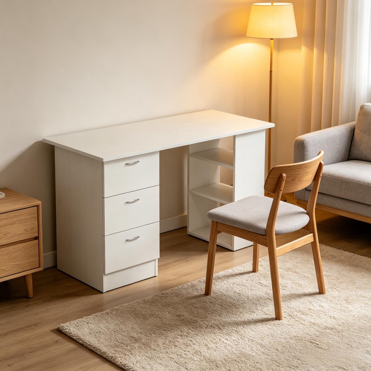 Bureau 120x49x72 cm - Computer Bureau Met 3 Laden En 3 Legplanken - MDF Wit