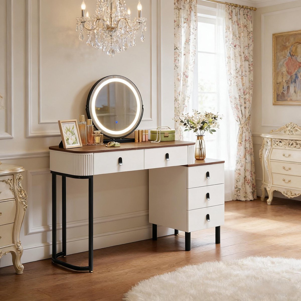 Kaptafel Met LED Spiegel Bruin Wit - Make-Up Tafel Met 5 Lades - 360° Draaibare Spiegel - Bureau Met Opbergruimte