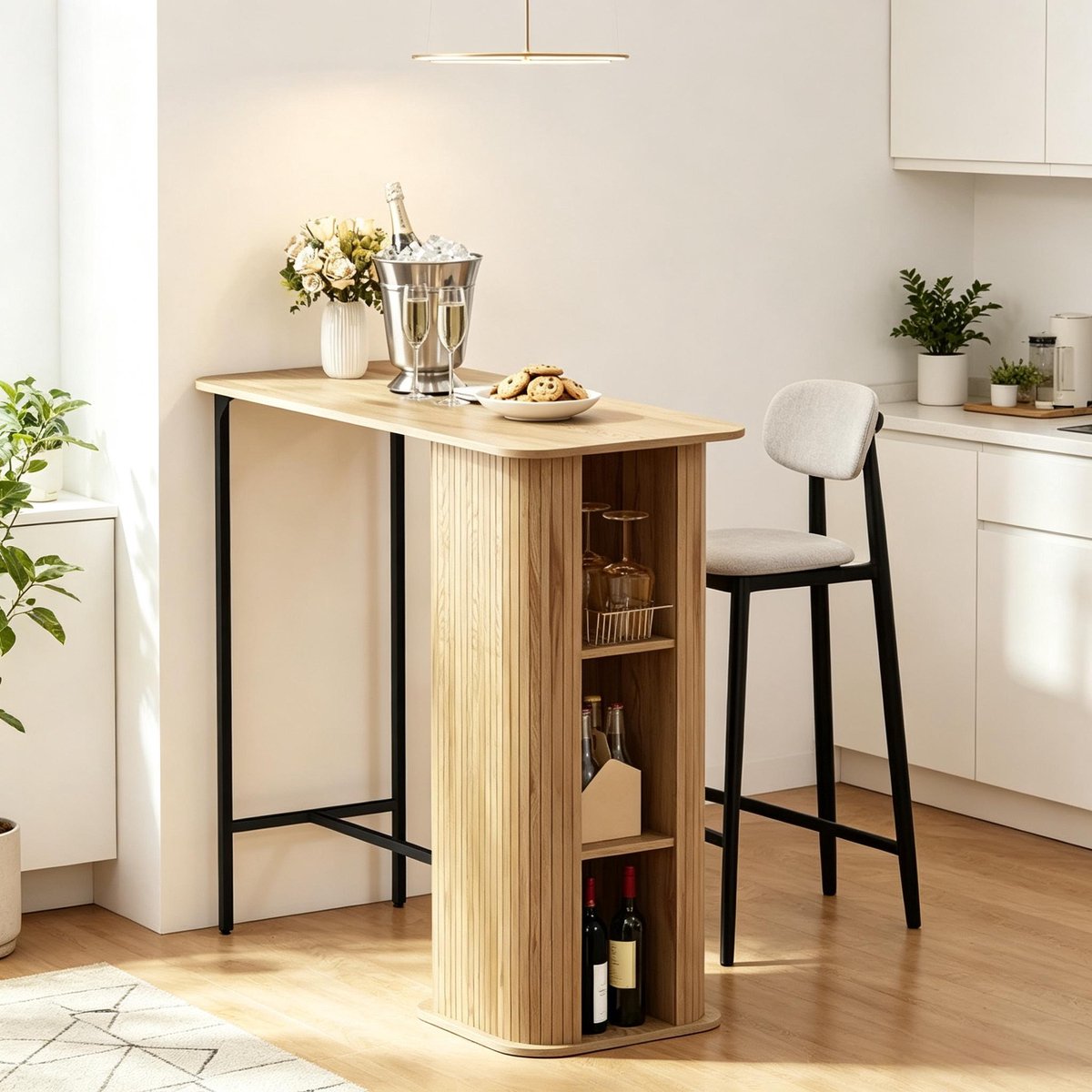 Bartafel 112x50x106 cm Met 3 Opbergvakken En Stopcontacten - Nordic Design Met Metalen Poten Eiken