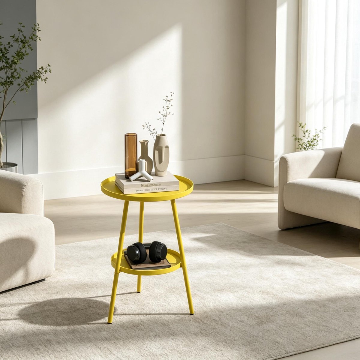 Bijzettafel 32x32x51 cm - Ronde Tweeplateau Tafel Met Opbergruimte Voor Binnen En Buiten Geel