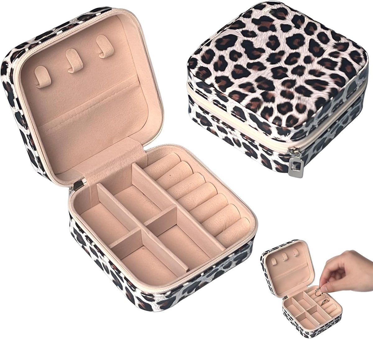 Sieradendoos mini - PU-leer met witte luipaardprint - voor ringen en oorbellen - ideaal voor meisjes - ShopVlot