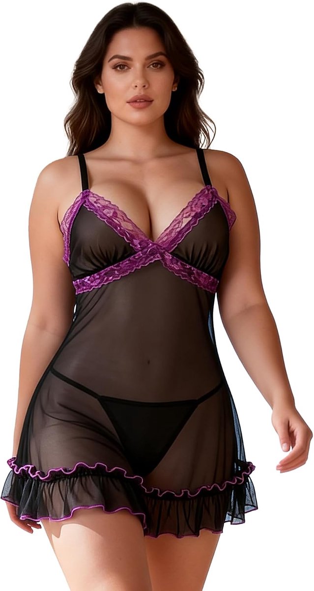 Negligé dames XXL - sexy babydoll - kant en mesh - verleidelijke nachtkleding - ShopVlot