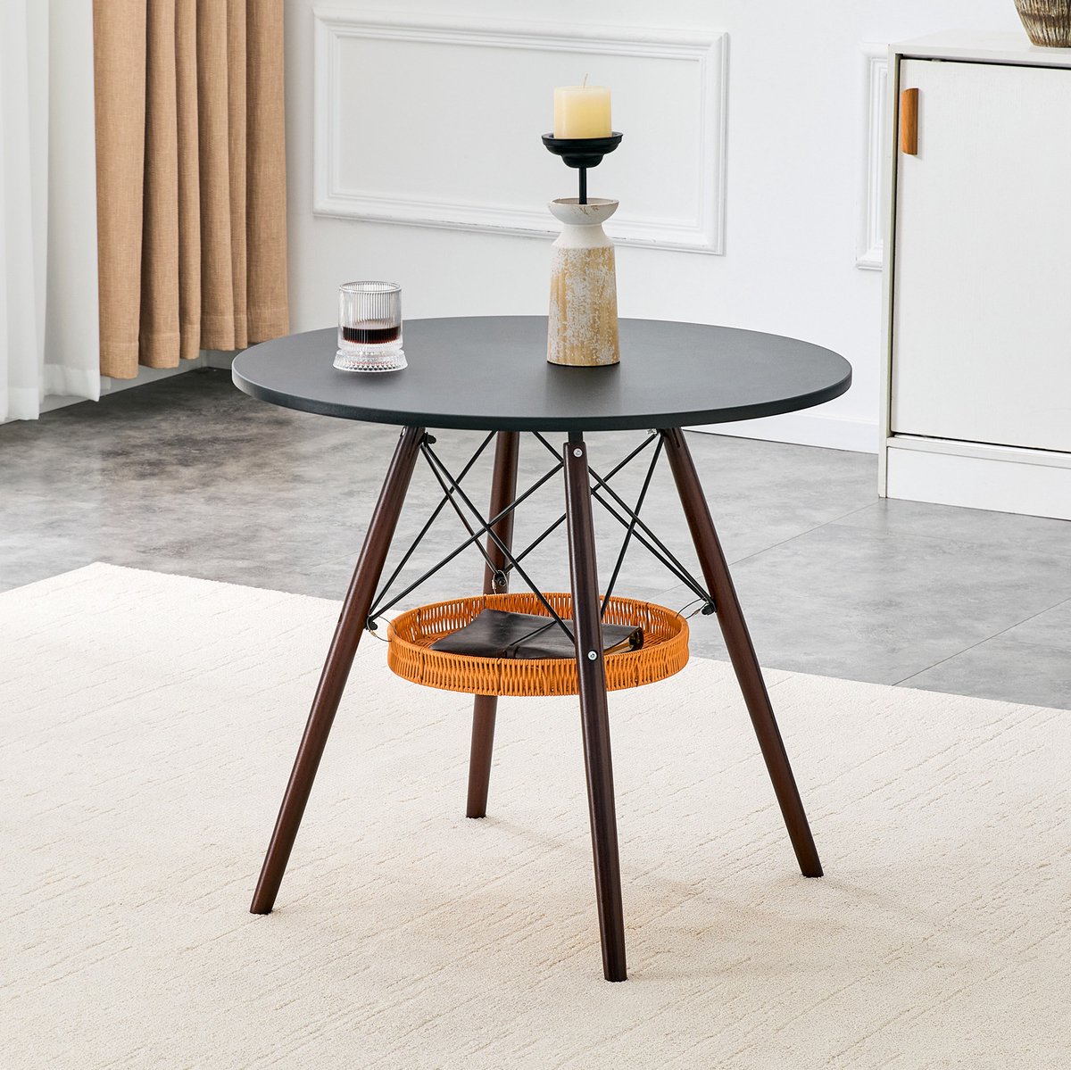 COVREO Ronde eettafel 80 cm zwart, hout en MDF met opbergmand
