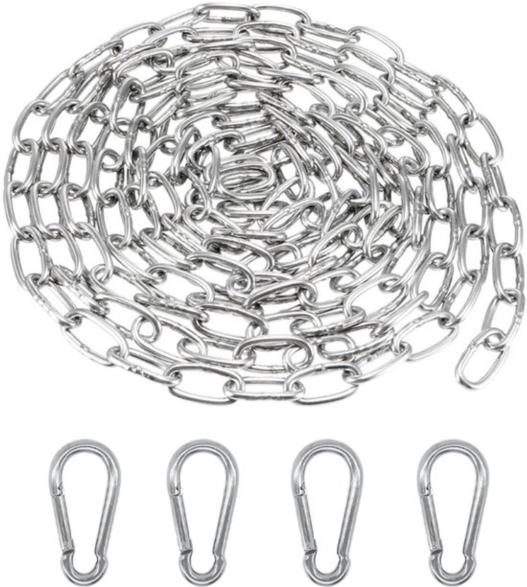 Stalen Ketting 5 m - Karabijnhaak - Ronde Ketting - Metalen Kettingen - Geschikt voor Hondenriemen - Hangstoelen/Schommels