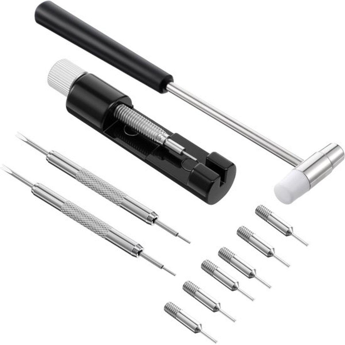 Horlogegereedschap Set - Horlogebandgereedschap - Federsteggereedschap - Reparatiestiftuitdrijver - 6 Reservepennen - Duurzaam ijzer/zinklegering - Horlogemakersgereedschap