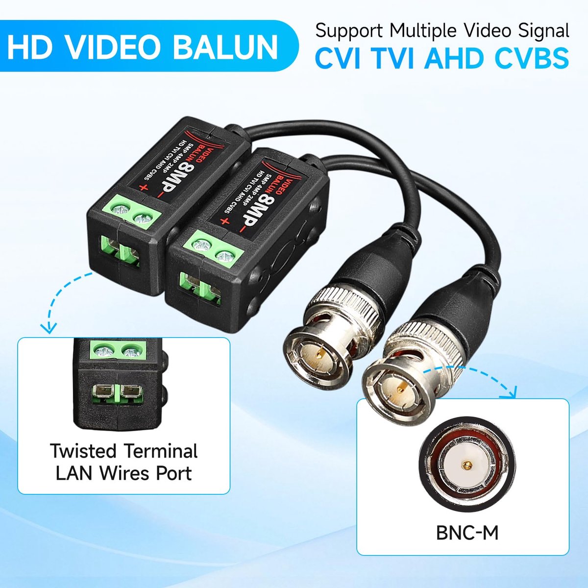 4 Pairs 4K 8MP HD Passive Video Balun Connectors, CCTV BNC Passive Video Balun Transceiver for BNC Male Cable via - ShopVlot