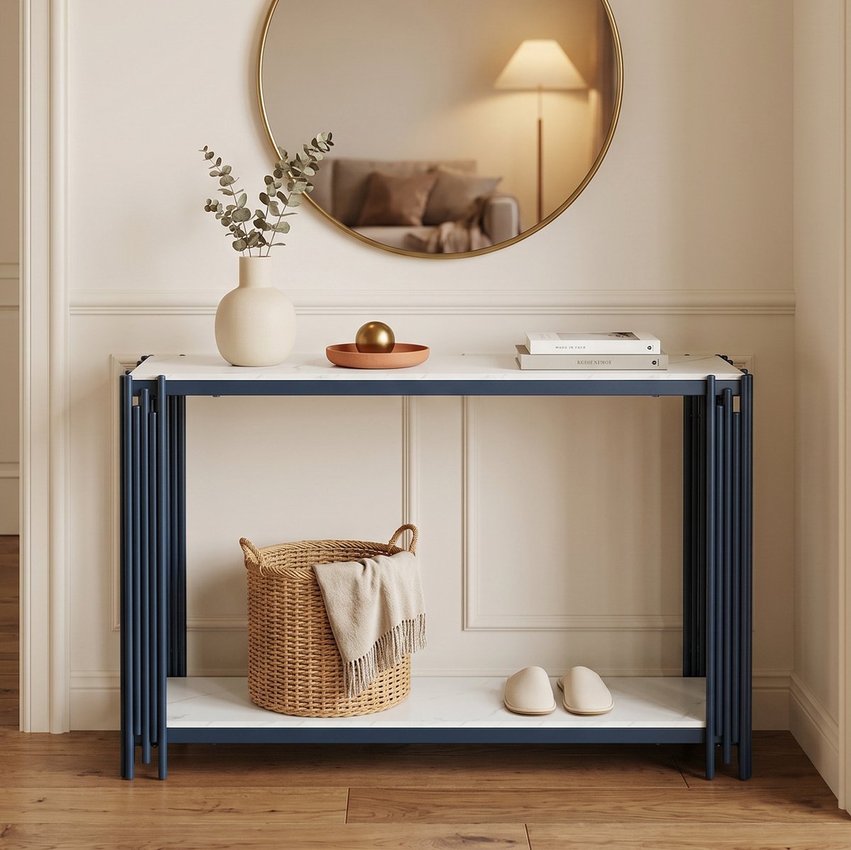 OKWISH Sidetable - Moderne Marmerlook - 2 Planken - Voor Hal, Woonkamer En Slaapkamer - MDF En Metaal - Wit Zwart - 123,5 X 33,5 X 80 Cm