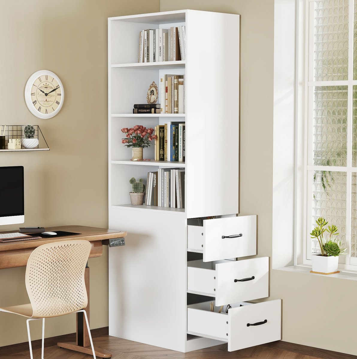 Boekenkast - Smal Model Met 3 Lades En Verstelbare Planken - Voor Woonkamer En Kantoor - Wit - 60x38x180 Cm