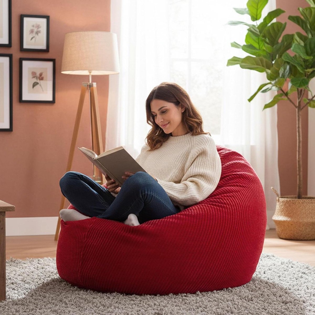 Ribfluwelen Zitzak - Poef Beanbag - Ontspannen Zitten - Afneembare Hoes - 110 x 80 x 70 cm - Rood
