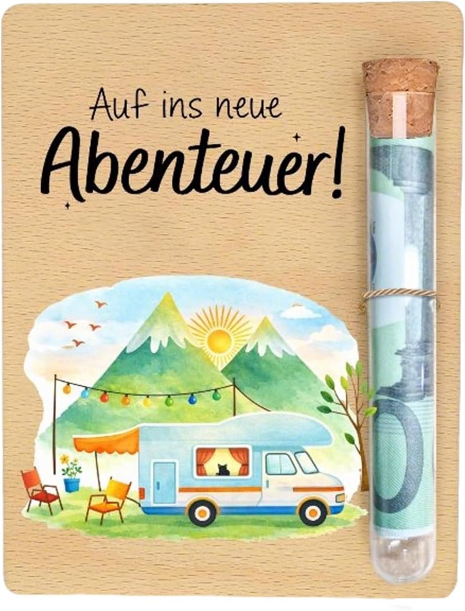 Campercadeaus, geldcadeau, reizen, houten verpakking met reageerbuis, campinggeschenken, camper, cadeau, origineel - ShopVlot