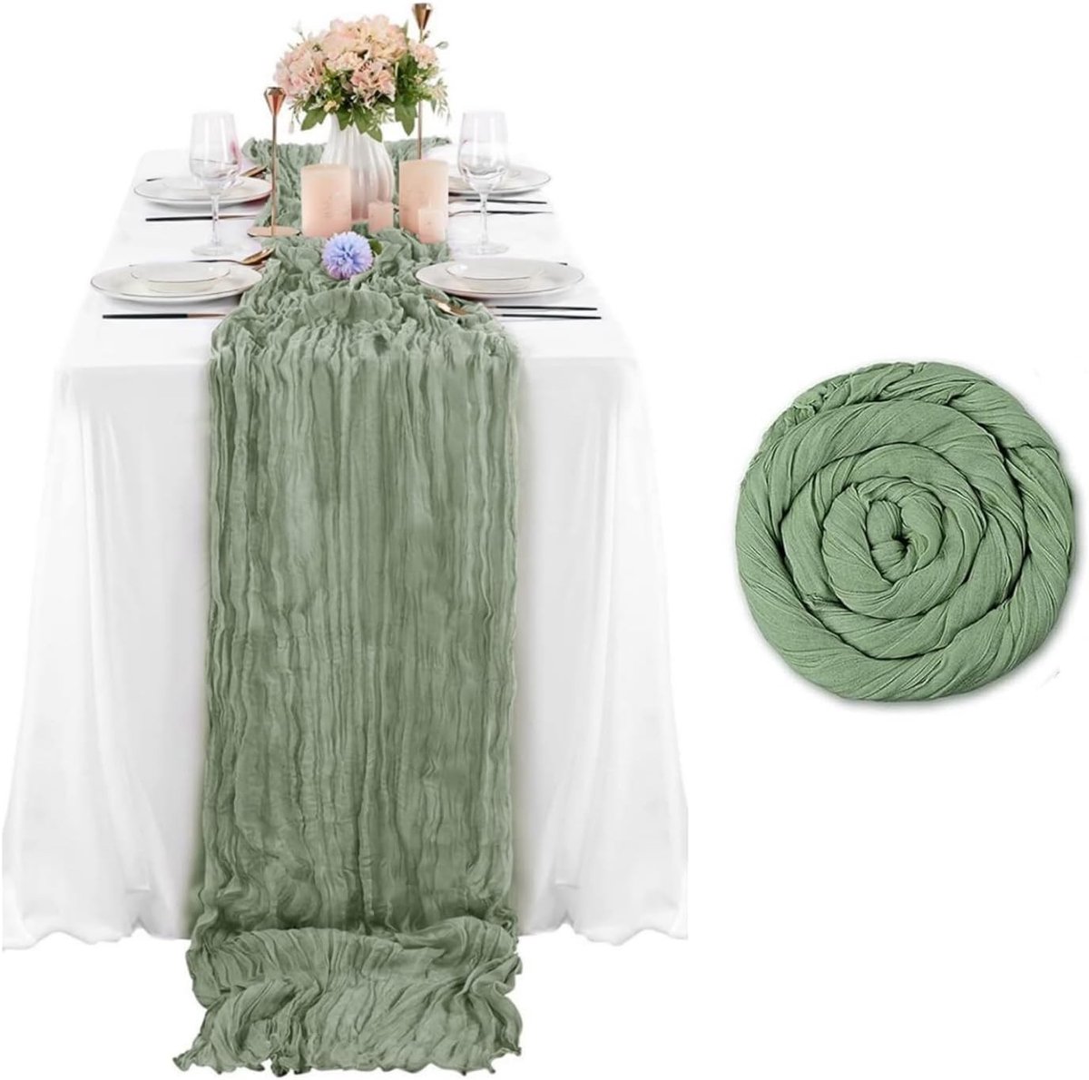 Rustieke sagegroene tafelkleed van kaasdoek, 90 x 400 cm, semi-transparant, ideaal voor vintage bruiloften, verjaardagen en babyshowers, tafeldecoratie en boho stijl