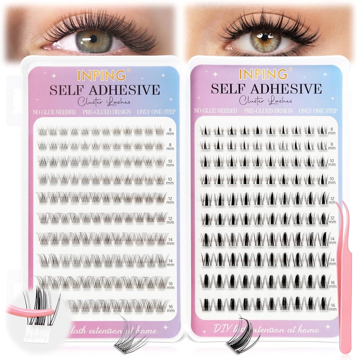 INPING Adhesive Eyelashes, 2 Styles C Curl Press on Lashes Natural - ShopVlot