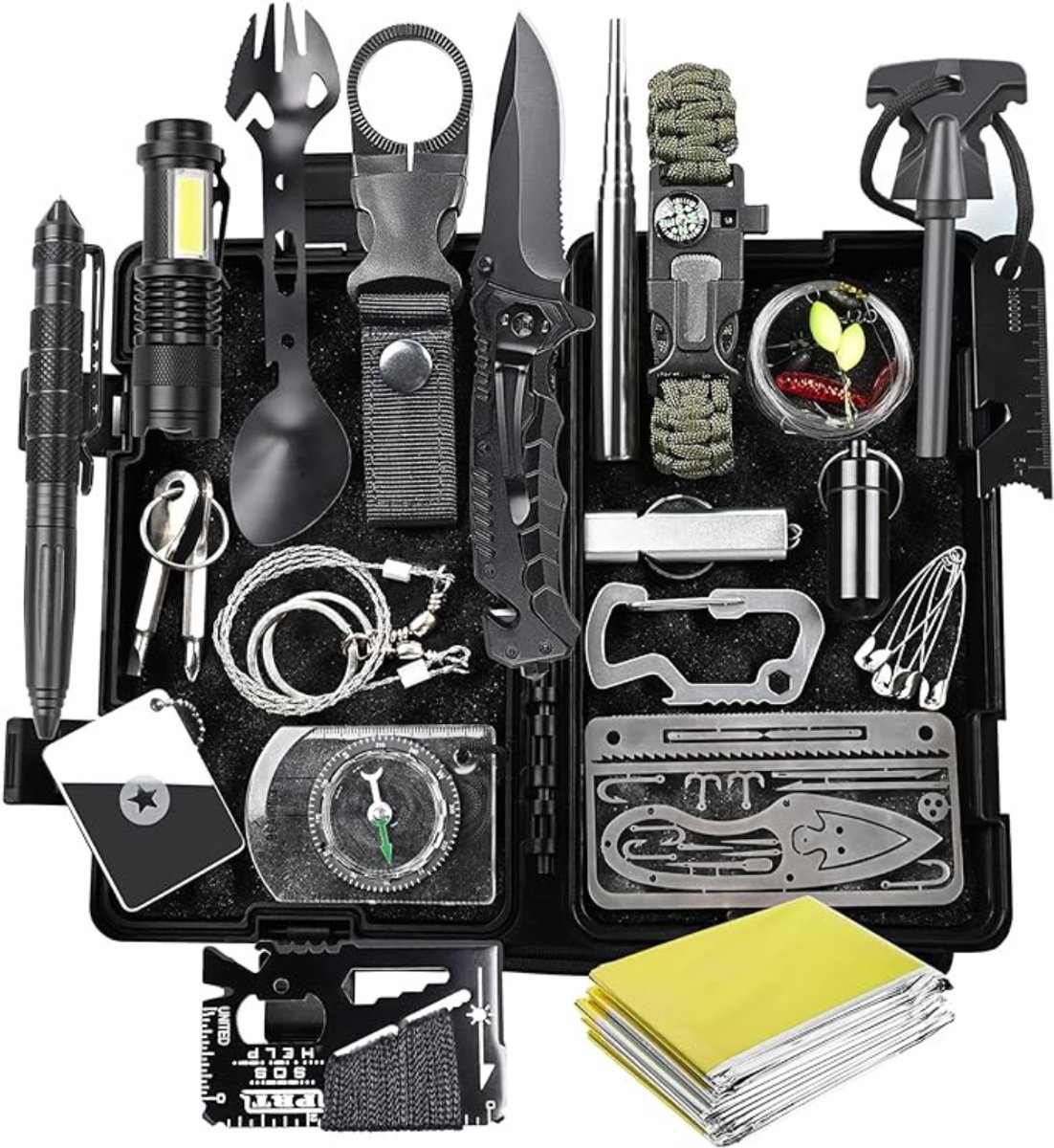 QUOVO® 21-in-1 Noodpakket Rampenrugzak – Noodpakket Oorlog – Survival Kit – Survivalsets – Complete Set met O.A: Survival Armband, Waterdichte Kist, Lamp, Signaalspiegel - Zwart - 21cm x 13cm x 6cm