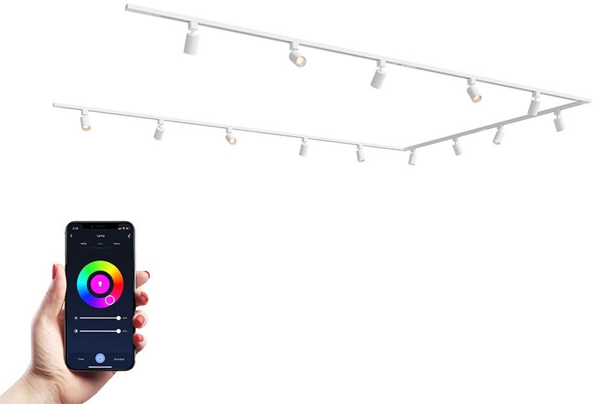 HOFTRONIC railverlichting pakket U-vorm – 4x 1,5m en 2x 1m rails – 14 RGBWW GU10 railspots – dimbaar via app – aluminium wit – IP20 – modulair – 230V – led railsysteem woonkamer keuken