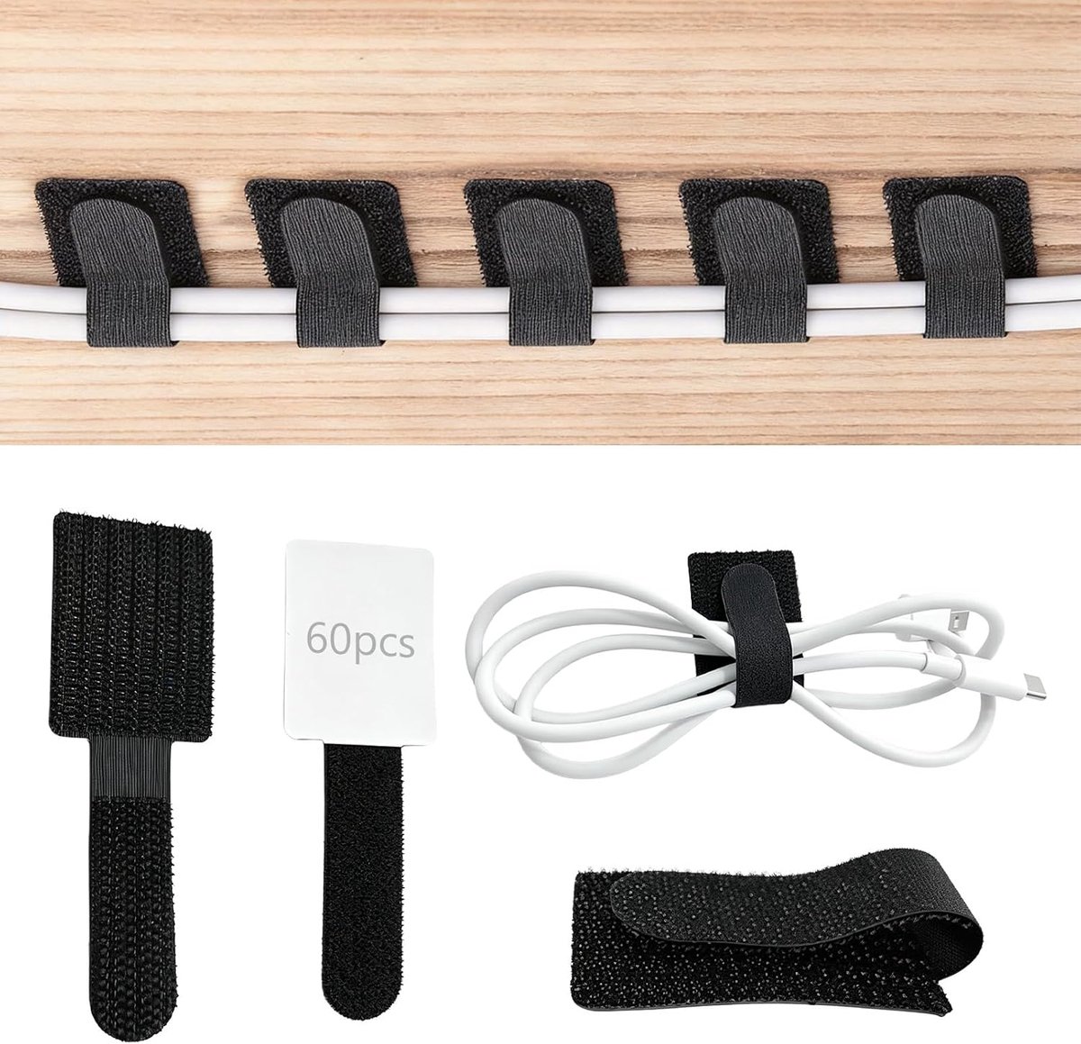 Kabelbinders, zwart, zelfklevend, 60 stuks kabelbeheer voor bureau, kabelhouder, kabelorganizer, kabelbevestiging - ShopVlot