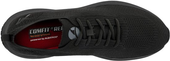 Zwarte gebreide sneaker, bovenaanzicht, met 'Comfit Rel' logo op de inlegzool.