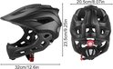 Zwart kinderhelm: zijaanzicht (32cm/12.6in) en achteraanzicht (20.5cm/8.07in).