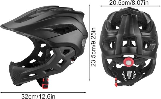 Zwart kinderhelm: zijaanzicht (32cm/12.6in) en achteraanzicht (20.5cm/8.07in).
