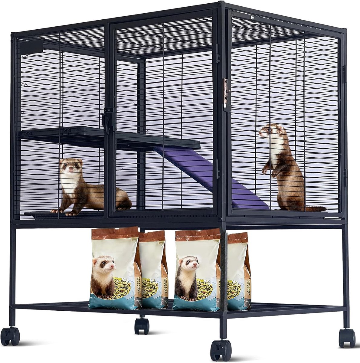 36'' hoge metalen kooi met meerdere verdiepingen voor kleine dieren – 4-verdiepingen met uitneembare hellingbaan, bak en hangmat – ruim en afsluitbaar, gemakkelijk schoon te maken – draagbaar voor fretten, chinchilla’s, cavia’s en konijnen