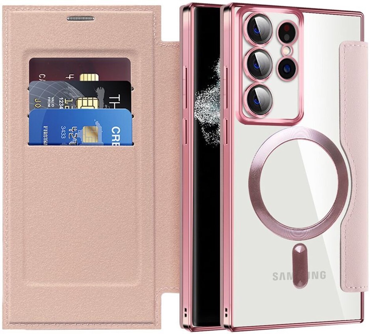 Hoesje MagSafe RFID Pasjeshouder Roze Geschikt voor Samsung Galaxy S22 Ultra