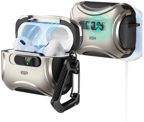 Zilverkleurige ESR AirPods Pro 3 case, open met AirPods erin, en een gesloten case ernaast. De open case is op een draadloze lader.