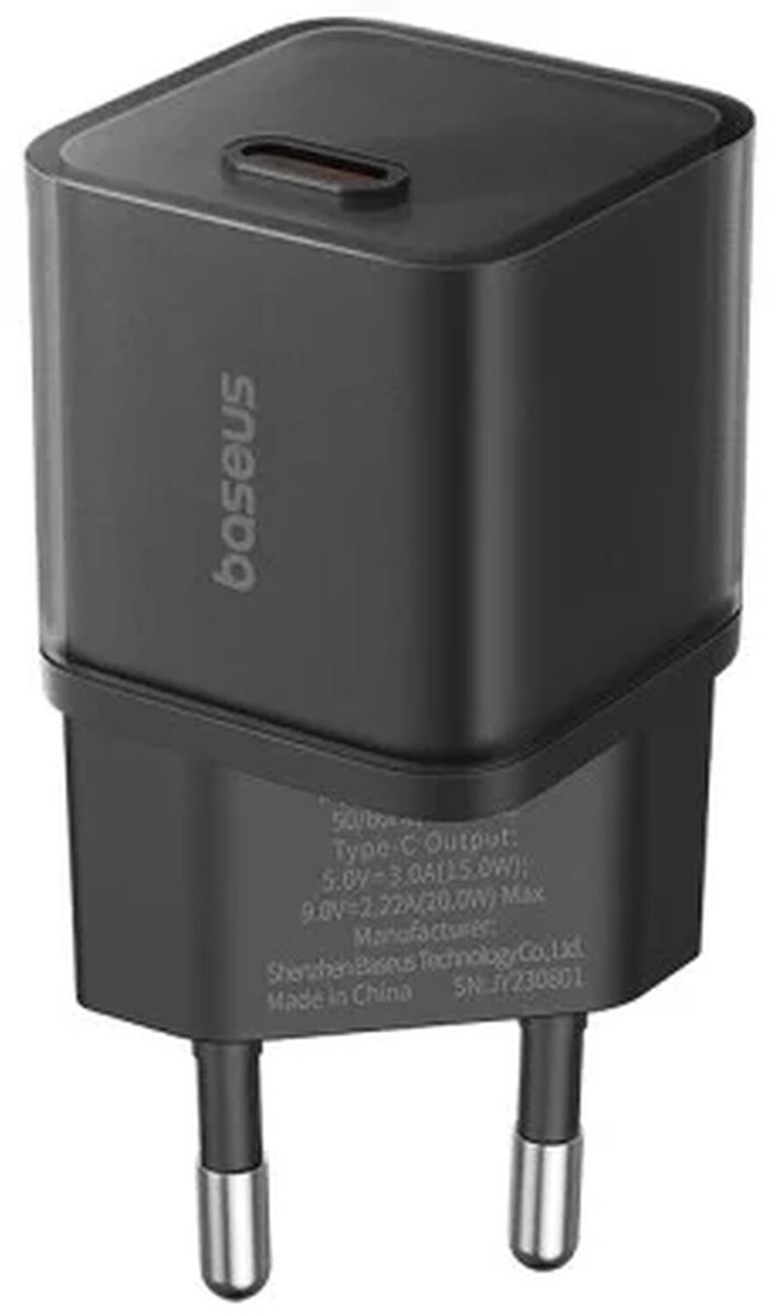 Baseus GaN5S USB-C Snellader | 20W Power Delivery Adapter | Telefoon Oplader | Fast en Quick Charge | Geschikt voor o.a iPhone 14 / 15 | Zwart