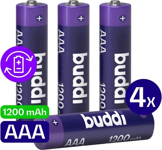 Vier paarse AAA batterijen van Buddi, 1200 mAh, met een icoon voor oplaadbaar.