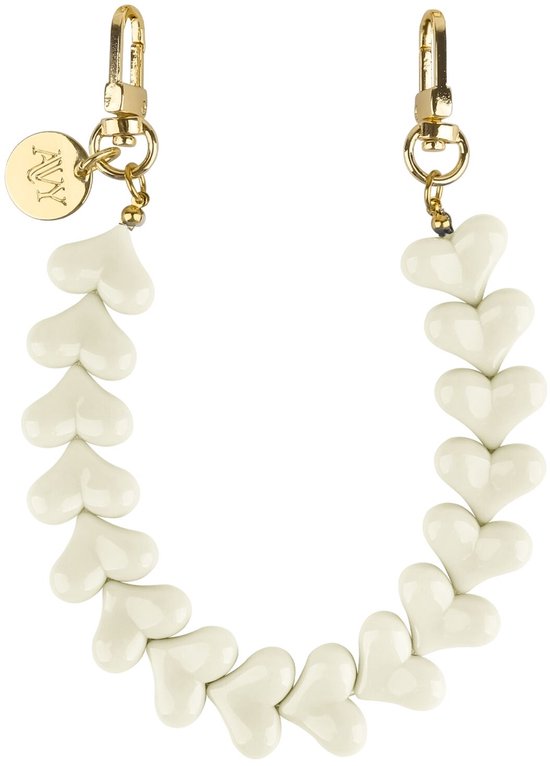 Kort koord met beige hartjes en gouden gespen, met een AVY-logo medaillon.