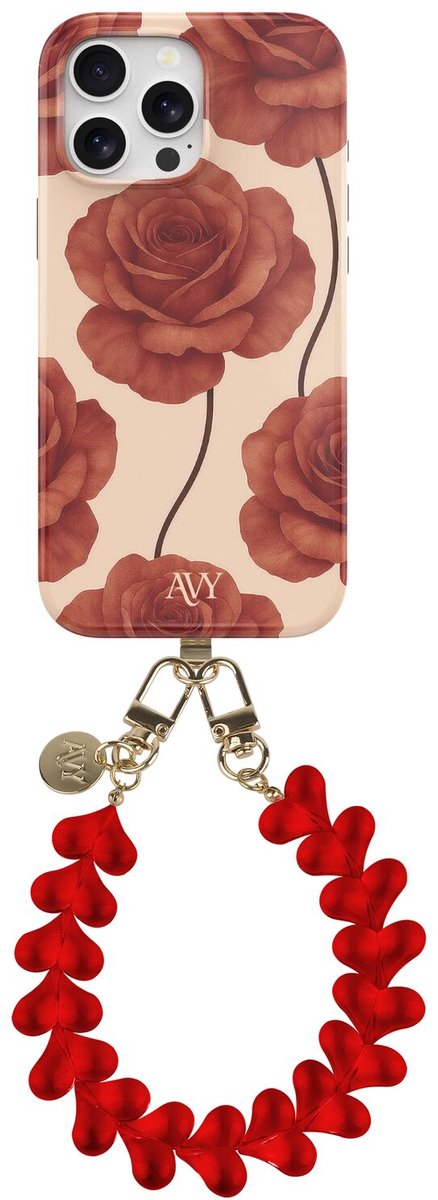 AVY Hoesje Met Telefoonkoord | Geschikt voor Apple iPhone 13 Pro | Compatibel met MagSafe | Hard Shell Back Cover | Stijlvol Bijpassend Koord 30CM | Hearts & Roses | Rood