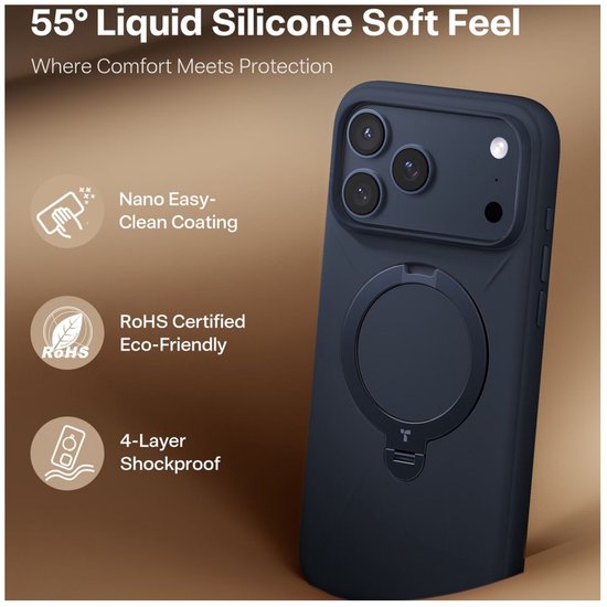 Donkerblauwe iPhone hoes met een ingebouwde magnetische standaardring, 55° vloeibare siliconen.