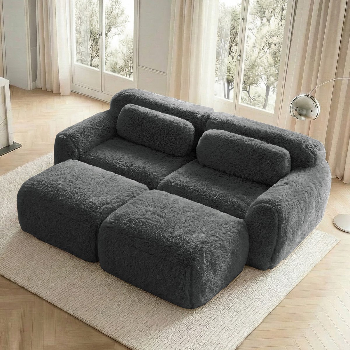DESMIU Slaapbank 204 x 179 x 73 cm - Modulaire 2-Zits Bank Met 2 Ottomans En Zonder Montag