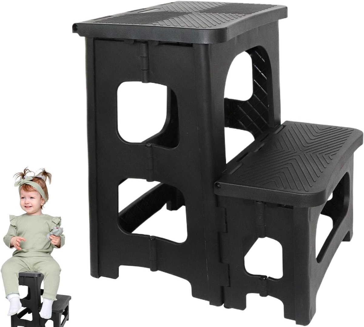 Opvouwbare Opstapkruk - Twee Treden Ladder - Veilig Bereiken - Antislip Pedaal - 36.7 x 32 x 42 cm - Zwart