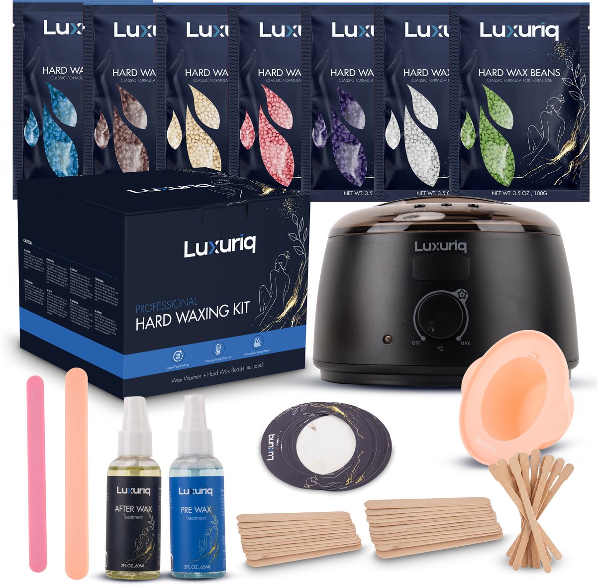 Luxuriq® Professionele Wax Apparaat SET Zwart - Siliconen Wax Sticks - Wax Beans Verwarmer - Wax Heater - Ontharing Set - Wax Set - Harsontharing - Waxverwarmer - Inclusief 7 zakjes Hard Wax Bonen + Pre & After Wax - Harsapparaat