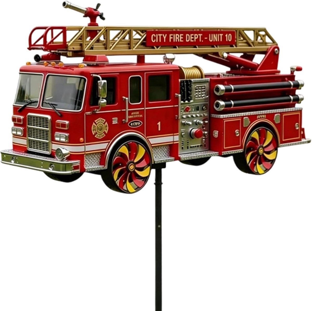 Brandweerauto Windmolen - Windspinner Tuindecoratie - Buiten Decoreren - Weerbestendig IJzer - 28x14 cm - Rood