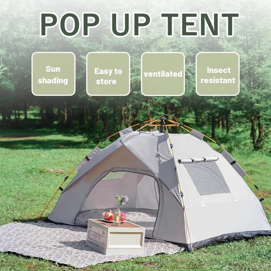 Velmio Automatische Pop-up Tent - Waterdicht - Camping Tent voor 2-4 Personen - 210x190x135cm - Waterdichte Kampeertent - Outdoor Kampeer & Festival Tent - Ideaal voor Gezinscamping en Buitenactiviteiten - Met Luifel & Draagtas - Grijs — afbeelding 4